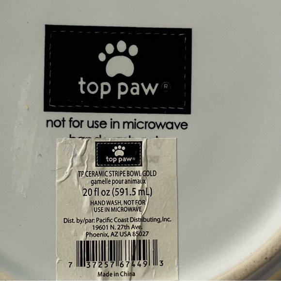 Top Paw Dog Bowl White With Gold Stripes EmbossedPaw Print Inside Ceramic EUC - Picture 11 of 12